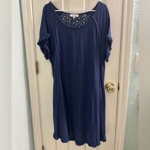 Umgee Linen Navy Blue and Tan Polka Dot Dress with pockets